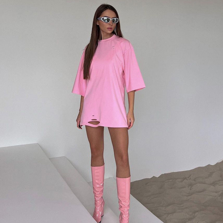 Damen oversized Longshirt mit Statement-Print, dreiviertelärmeln und lockerer Tunika-Silhouette Drune