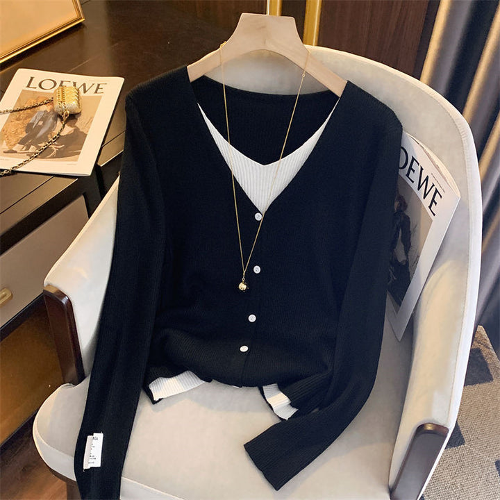 Damen lässige Strickjacke mit feiner Rippstruktur und tiefem V-Ausschnitt Drune