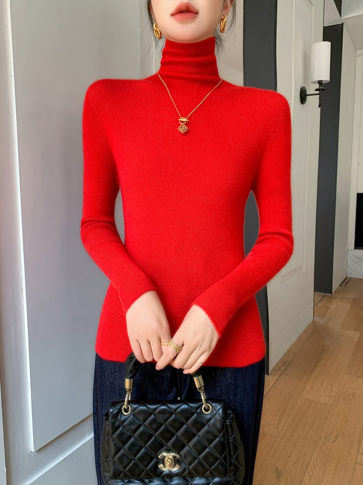 Damen Schlanker Feinstrickpullover mit hohem Rollkragen und feiner Rippstruktur Drune