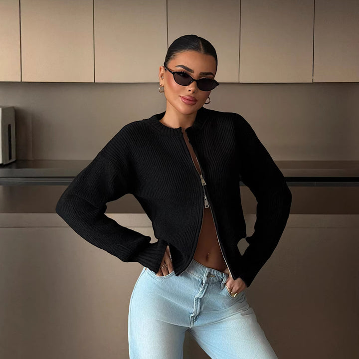 Damen Schicke Strickjacke mit Reißverschluss und breiten Bündchen