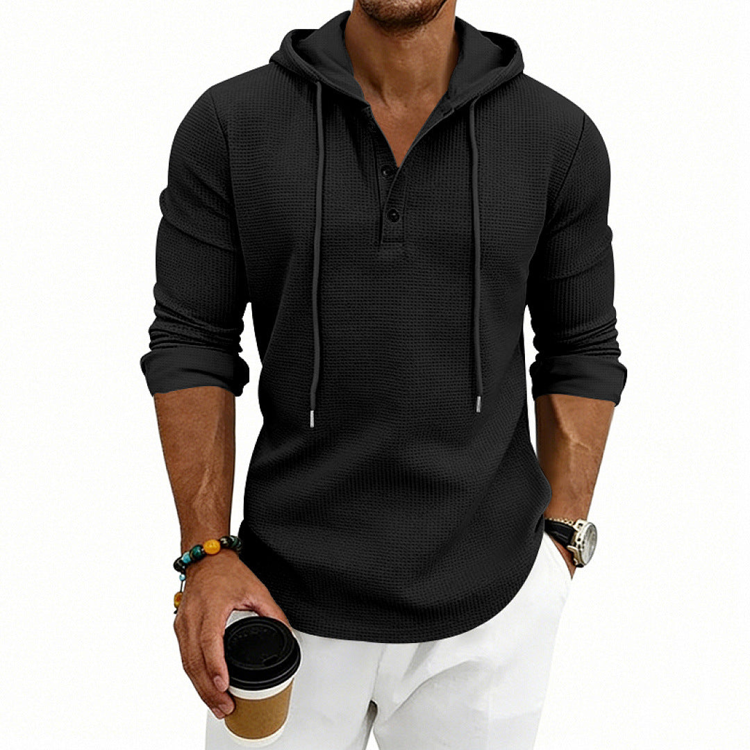 Herren Waffelstrick-Henley-Hoodie mit Knopfleiste und Kapuze Drune
