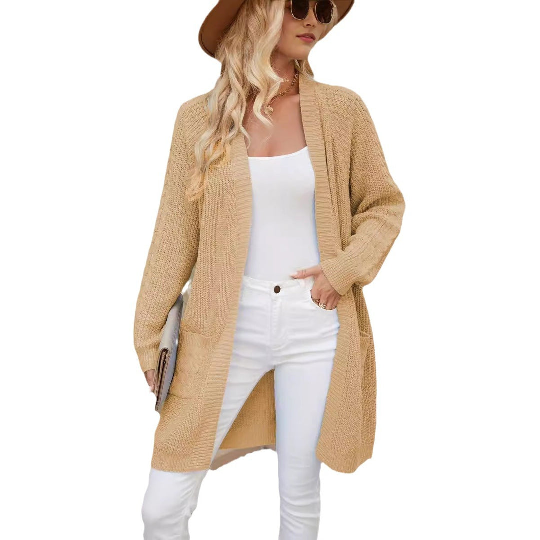 Damen lässiger Strickcardigan mit Zopfmuster und praktischen Taschen Drune