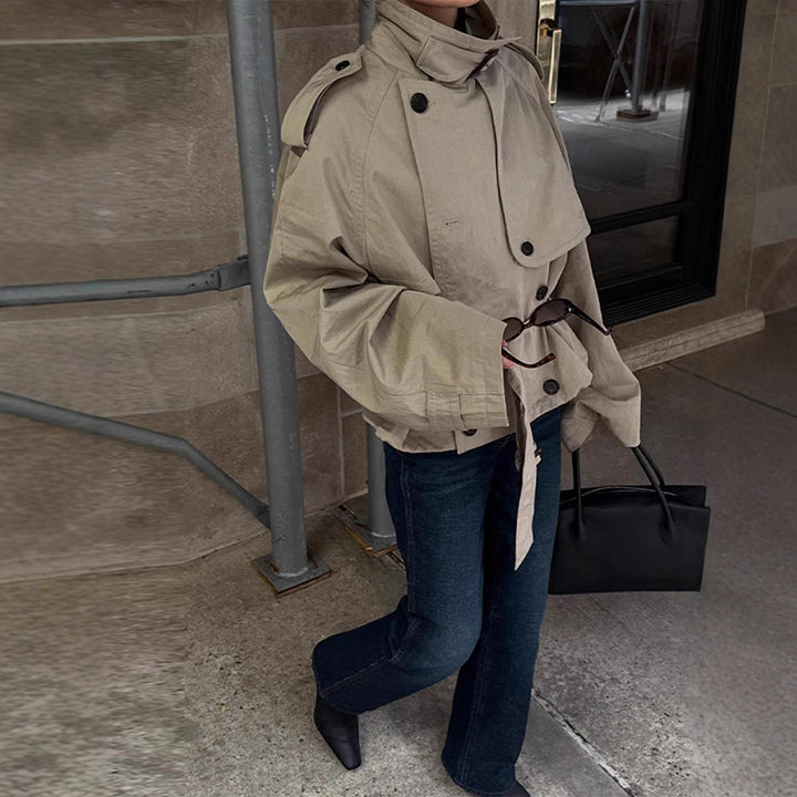 Damen Trenchcoatjacke mit herausnehmbarer Kapuze und modischem Gürtel Drune