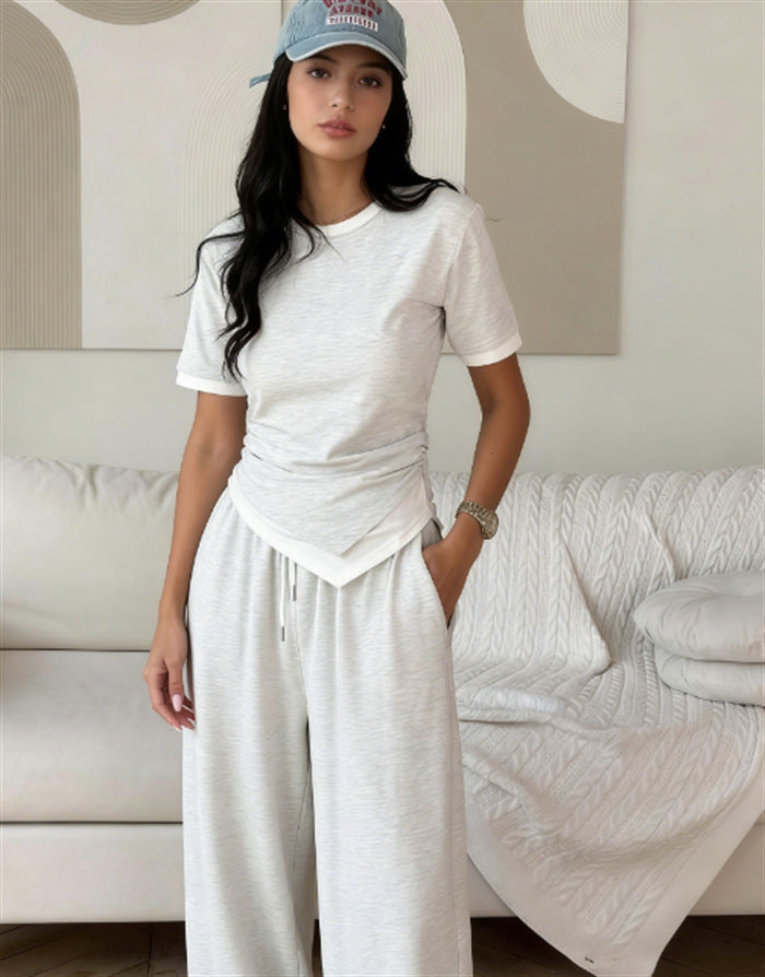 Damen elegantes Set aus Kurzarmshirt und weit geschnittenen Hosen Drune