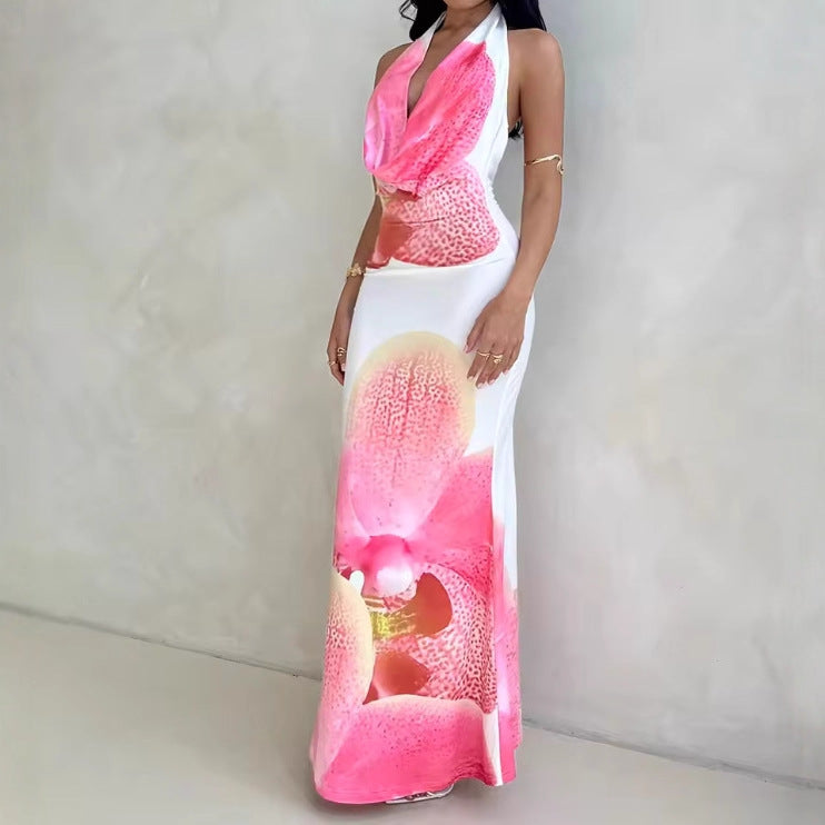 Damen Maxikleid mit tiefem V-Ausschnitt und floralem Drapierungsdesign Drune