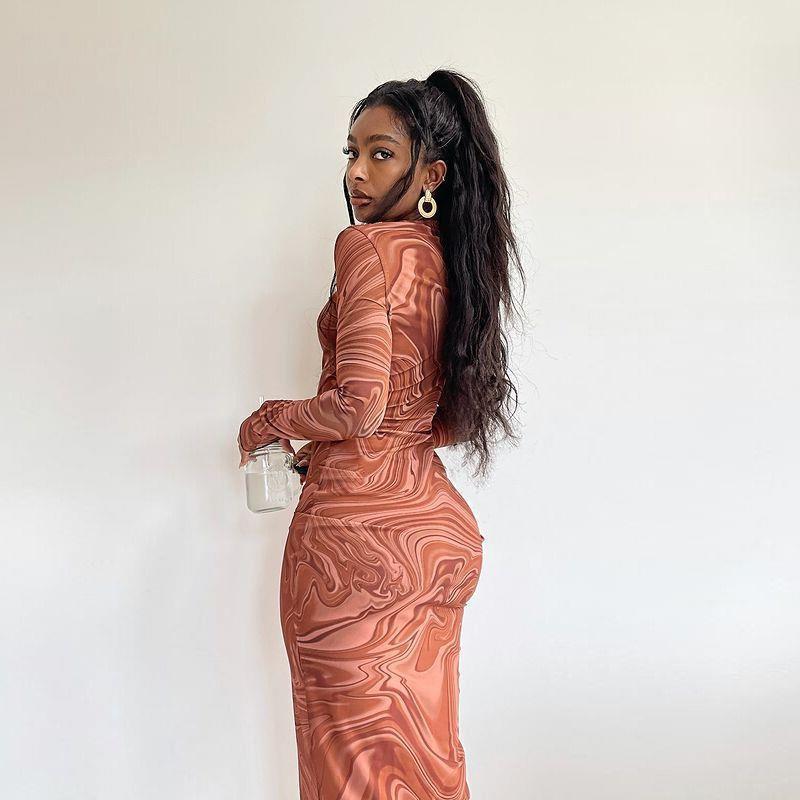 Damen Elegantes Langarmkleid mit modernem Marmormuster und Figurbetontem Schnitt Drune