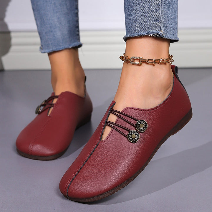 Damen nan weiche Lederoptik Slipper mit elastischer Schnürung und ergonomischer Komfortsohle Drune