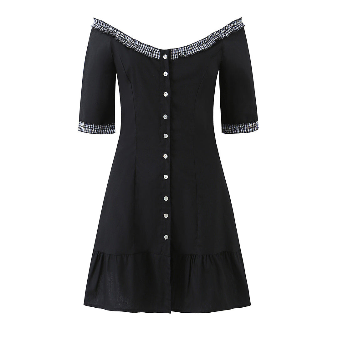 Damen Off-Shoulder Carmenkleid mit Knopfleiste, taillierter A‑Linie und kariertem Rüschenbesatz Drune