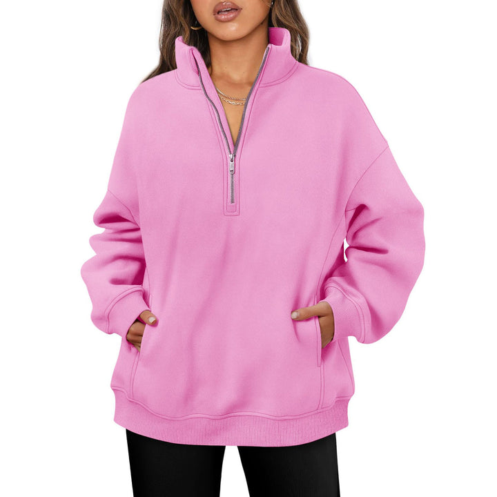 Damen nan oversized Halbzip-Pullover mit Stehkragen, Kängurutasche und Rippbündchen Drune