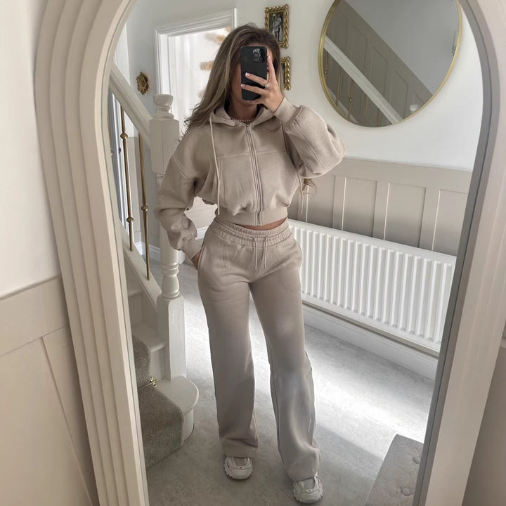 Damen lässiger Zip-Hoodie und weit geschnittene Jogginghose Set Drune