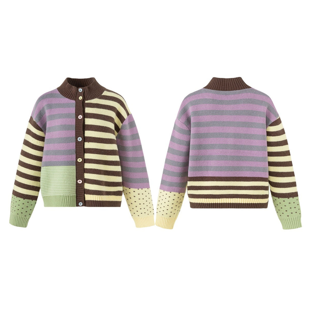 Damen Strickjacke im Patchwork-Streifenmix mit Stehkragen und Knopfleiste Drune