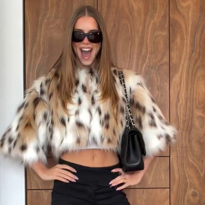 Damen Kurz geschnittener Kunstfell‑Bolero mit Leopardenmuster und voluminösen dreiviertel‑Ärmeln Drune