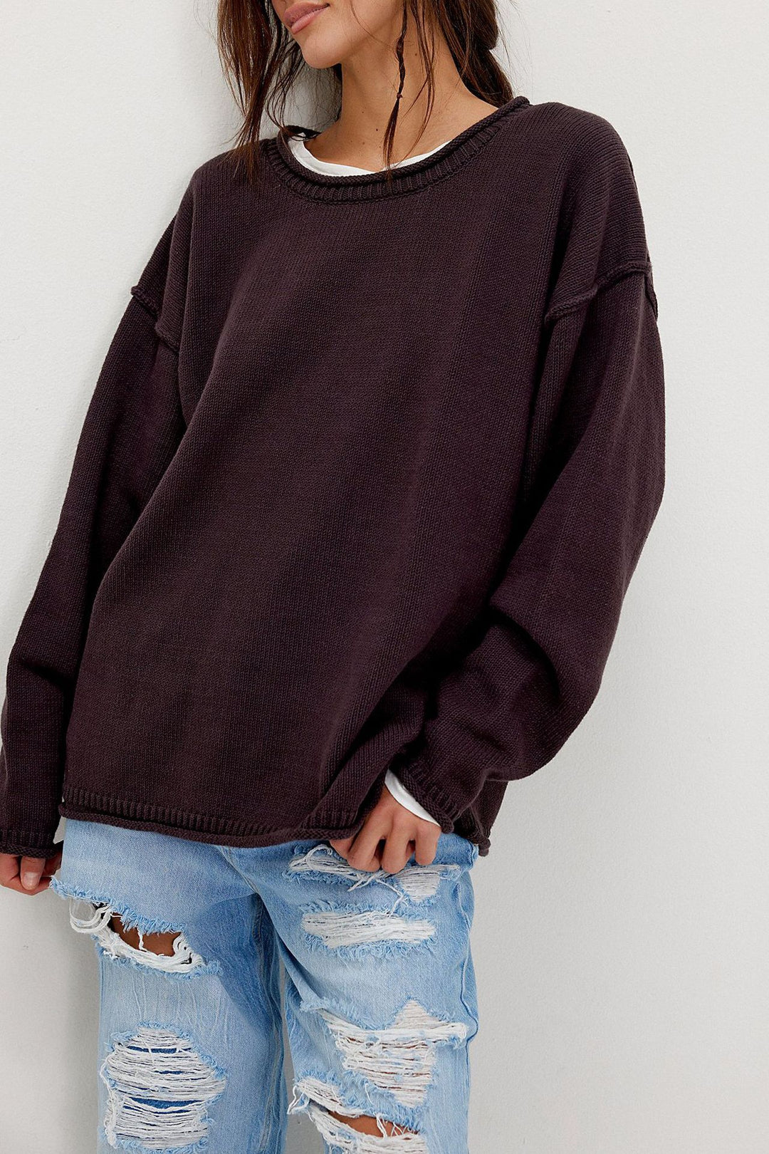Damen lässiger Strickpullover mit weiten Ärmeln und Rippenstruktur Drune