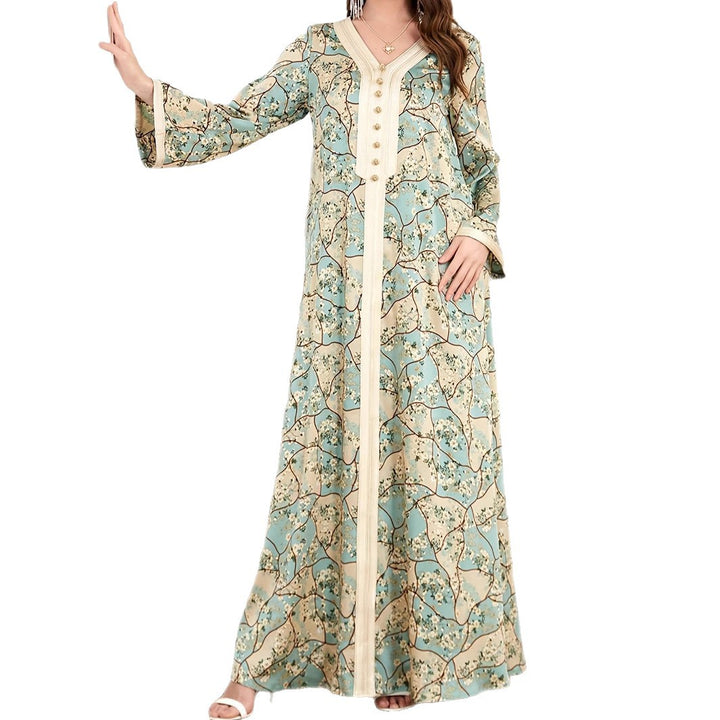Damen Maxikleid mit kunstvollem Blumenmuster und Knopfdetails Drune