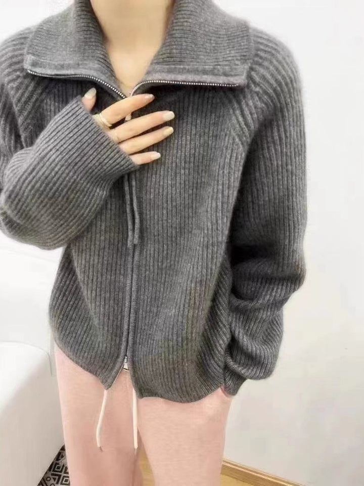 Damen Oversize-Strickjacke mit Reißverschluss, Stehkragen und gerippter Struktur Drune