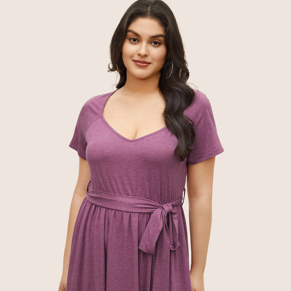 Damen lässiges Maxikleid mit Taillengürtel und V-Ausschnitt Drune