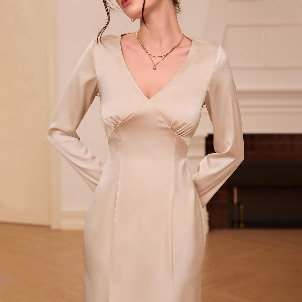 Damen elegantes Midi-Kleid mit V-Ausschnitt und lange Ärmel Drune