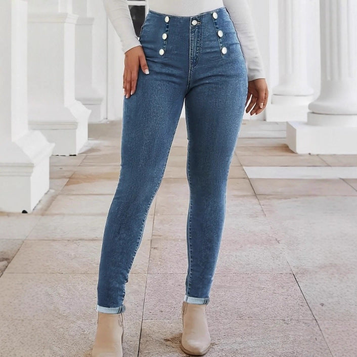 Damen Hochtaillierte, figurformende Skinny-Jeans mit doppelter Zierknopfleiste Drune