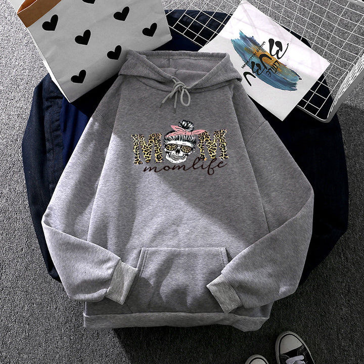 Damen nan Kapuzenpullover mit "Momlife" Skull-Print, Kängurutasche, weichem Fleece-Innenfutter und lockerer Oversize-Passform Drune