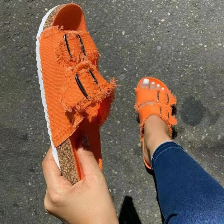 Damen Pantoletten mit modischem Denim-Design und verstellbaren Riemen Drune