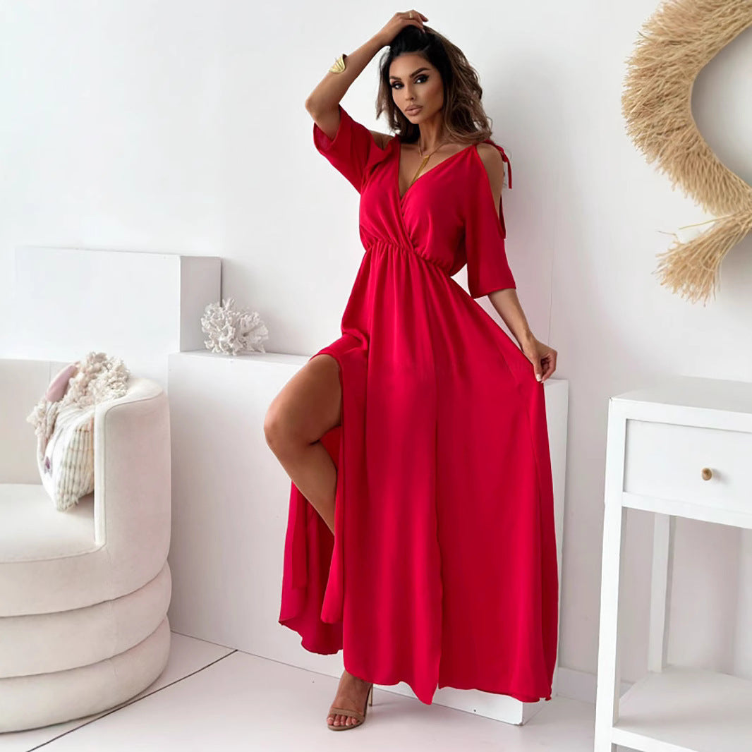 Damen Maxikleid mit schulterfreier Optik und elegantem V-Ausschnitt Drune