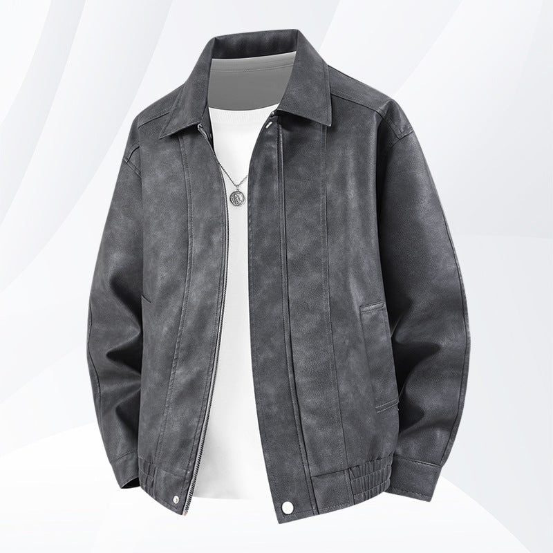 Männer's  distressed Kunstleder Zip-Vorderseite Kragenjacke mit elastischem Saum und gefütterten Taschen Drune