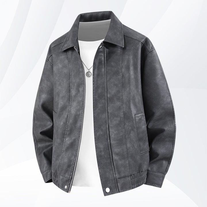 Männer's  distressed Kunstleder Zip-Vorderseite Kragenjacke mit elastischem Saum und gefütterten Taschen Drune