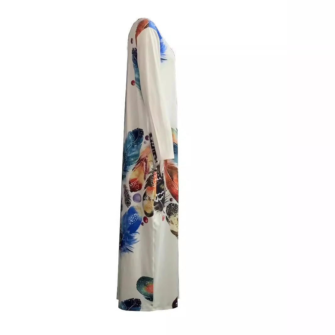 Damen Fließendes Maxikleid mit auffälligem Federmotiv, tiefem Rundhalsausschnitt und Seitentaschen Drune
