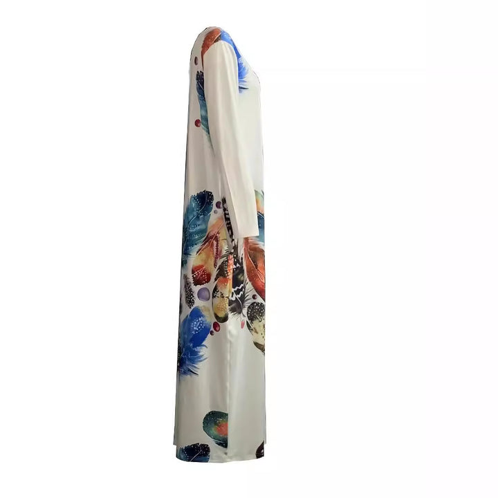 Damen Fließendes Maxikleid mit auffälligem Federmotiv, tiefem Rundhalsausschnitt und Seitentaschen Drune