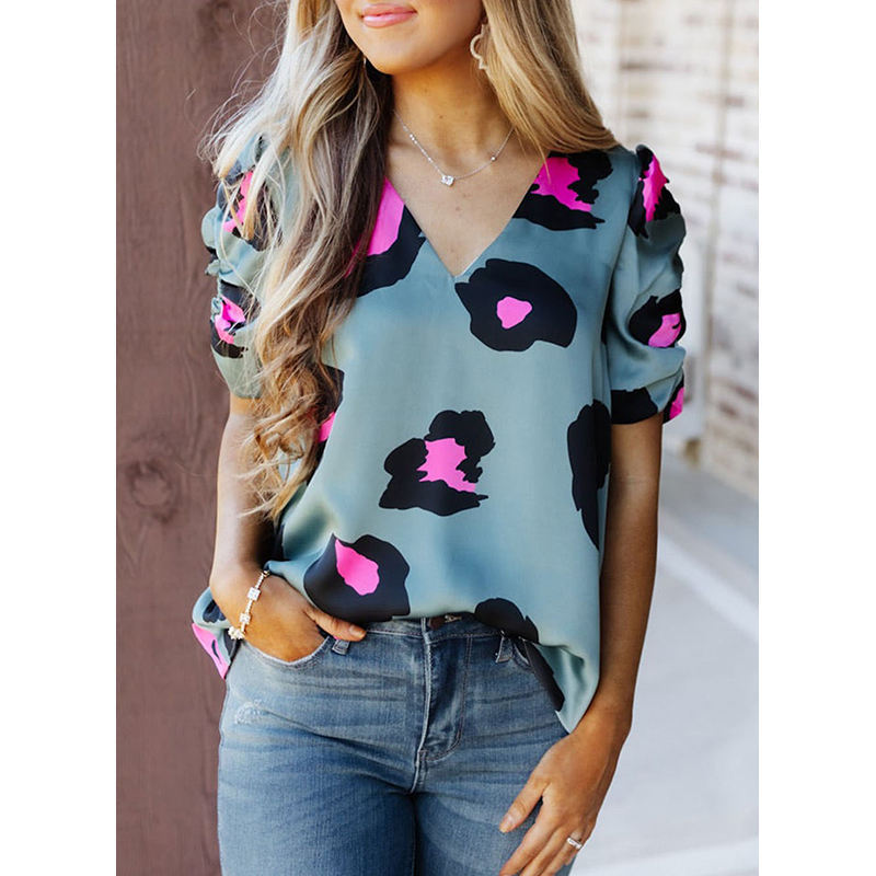Damen Bluse mit modischem Blumendruck und eleganten Puffärmeln Drune