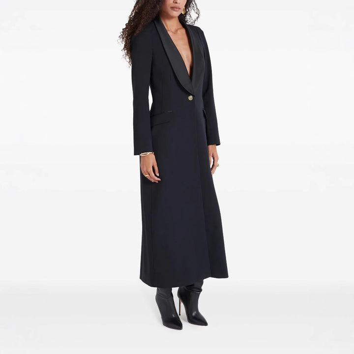 Damen Maxikleid im Smoking‑Blazer‑Stil mit Schalkragen und Ein‑Knopf‑Verschluss Drune
