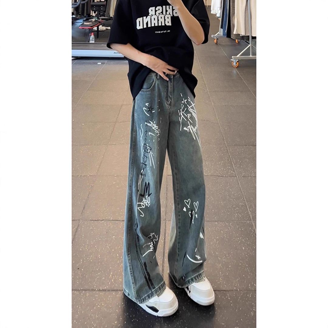 Damen Weitgeschnittene Jeans mit künstlerischem Grafikdruck Drune