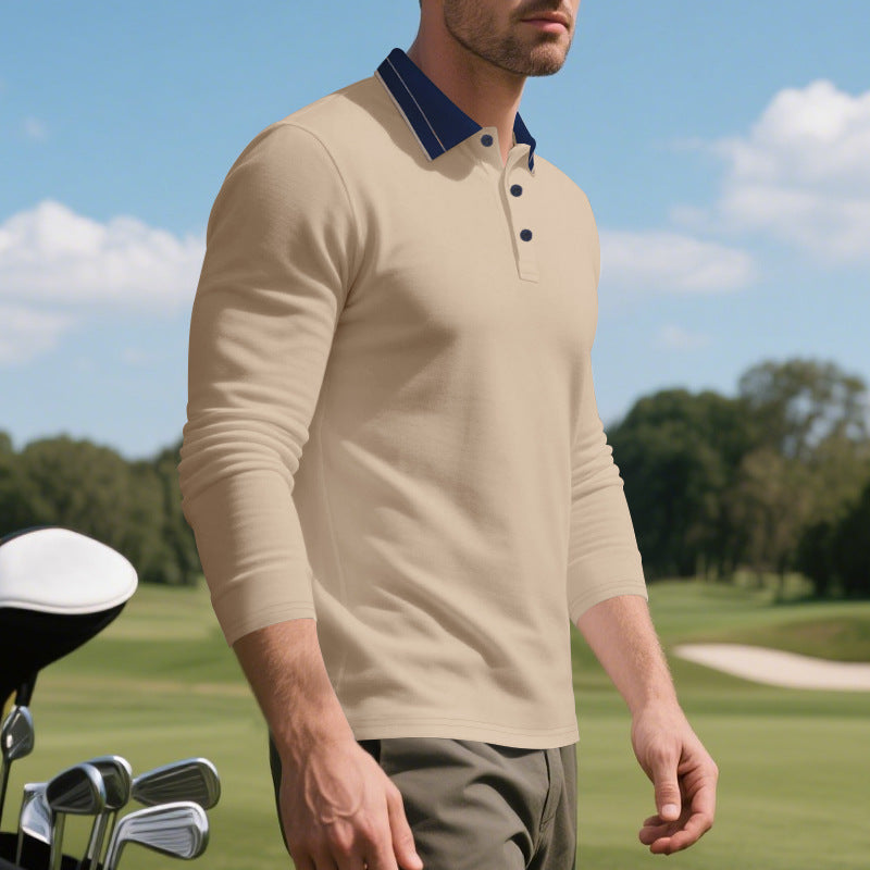 Herren elegantes Langarm-Polohemd mit kontrastierendem Kragen und modischen Knopfdetails Drune
