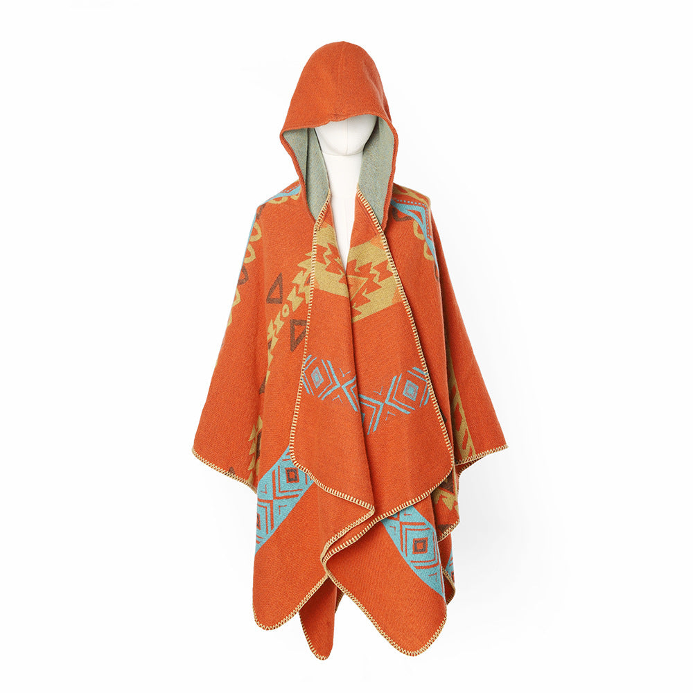Damen Kapuzenponcho im Jacquardmuster aus Wollmix mit dekorativer Kettelnaht Drune
