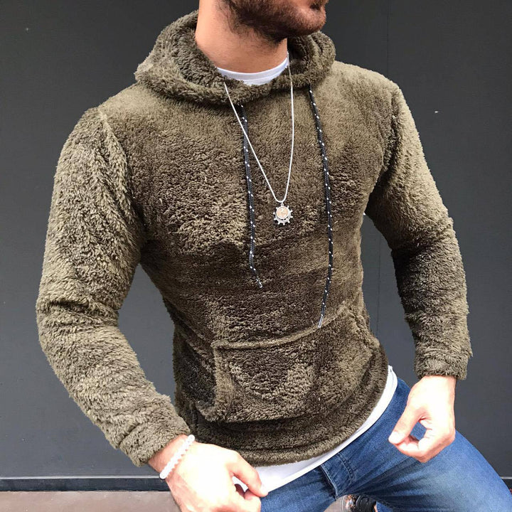 Herren nan Teddy-Plüsch Kapuzenpullover mit schmaler Passform und Kängurutasche Drune