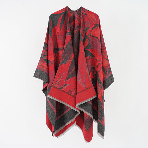 Damen Jacquard-Überwurfponcho mit floral-abstrakter Webstruktur und weichfallendem Oversize-Cape Drune