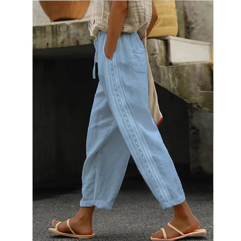 Damen Leichte Leinenhose mit seitlicher Knopfdetail Drune