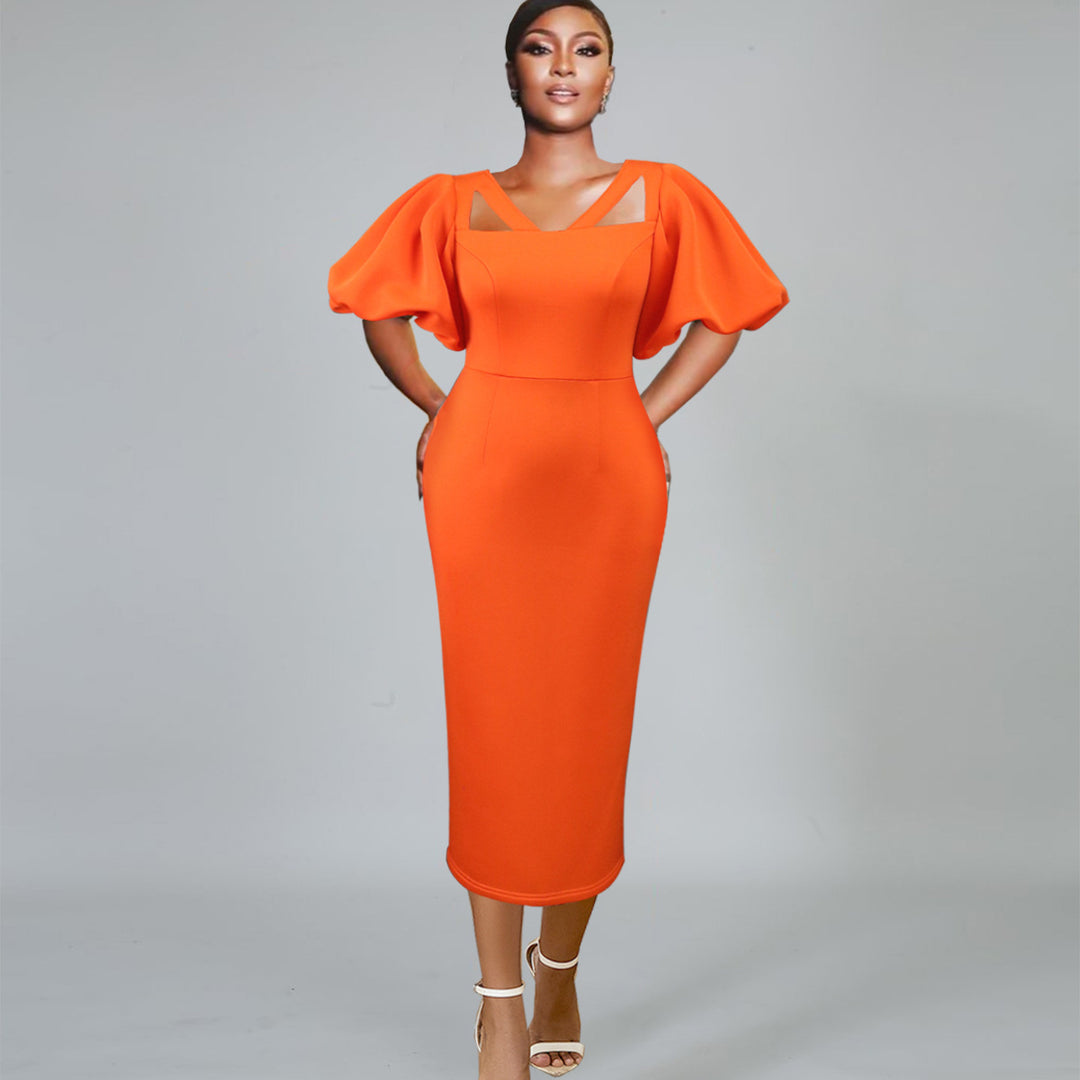Damen Figurbetontes Kleid mit voluminösen Puffärmeln und innovativem Ausschnitt Drune