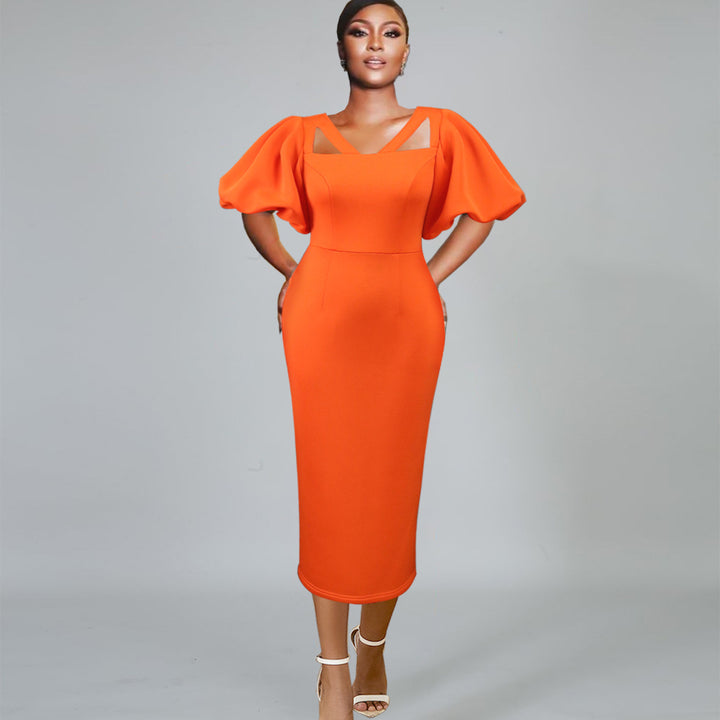 Damen Figurbetontes Kleid mit voluminösen Puffärmeln und innovativem Ausschnitt Drune