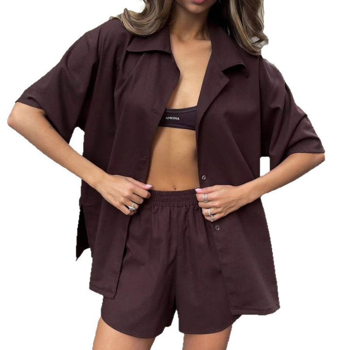Damen kurzärmeliges Hemd- und Relax-Shorts-Set aus strukturiertem Leinenmix mit elastischem Bund Drune