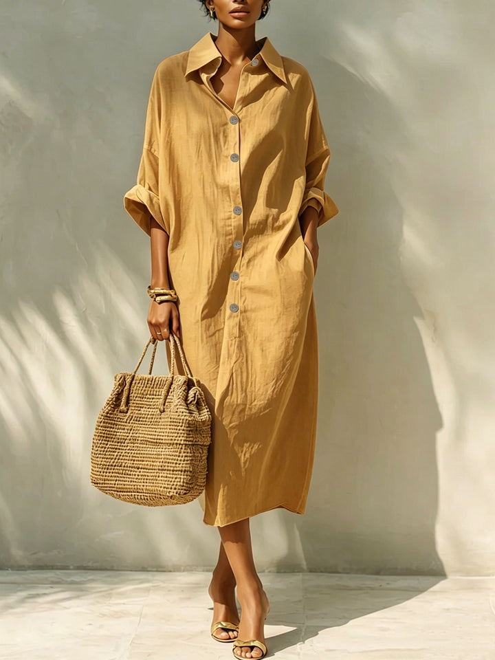 Damen Langes Oversize-Hemdblusenkleid mit Kentkragen und durchgehender Knopfleiste Drune