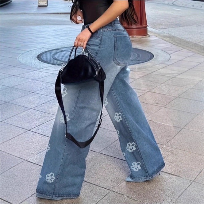 Damen High-Waist Wide‑Leg Denim-Jeanshose mit floraler Allover-Stickerei Drune