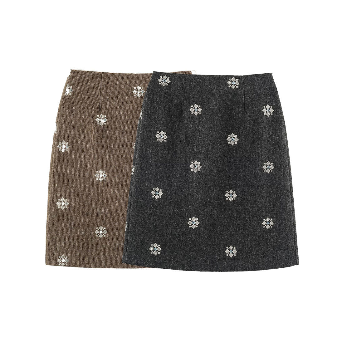 Damen Wollmix-Bleistiftrock mit bestickten Blumenmotiven und mittigem Schlitz Drune