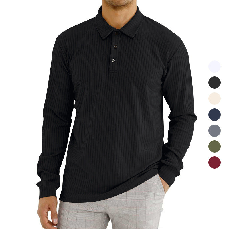 Herren nan geripptes Langarm-Poloshirt mit feiner Rippenstruktur, klassischem Kragen und elastischem Saum Drune