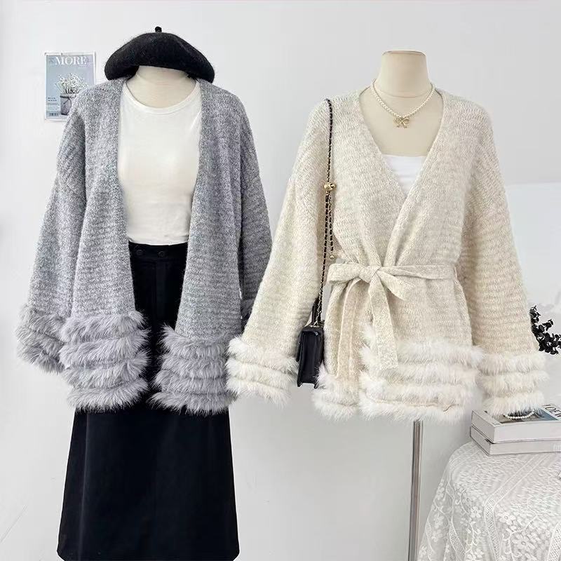 Damen Flauschiger Cardigan mit Kunstfellkragen Drune