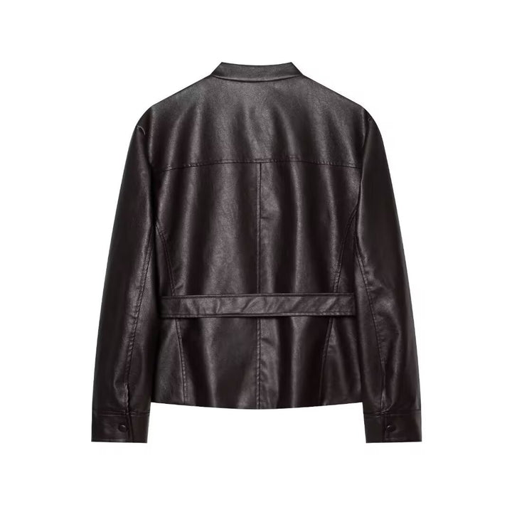 Damen Kurzjacke aus Kunstleder mit Taillengürtel, Pattentaschen und Stehkragen Drune