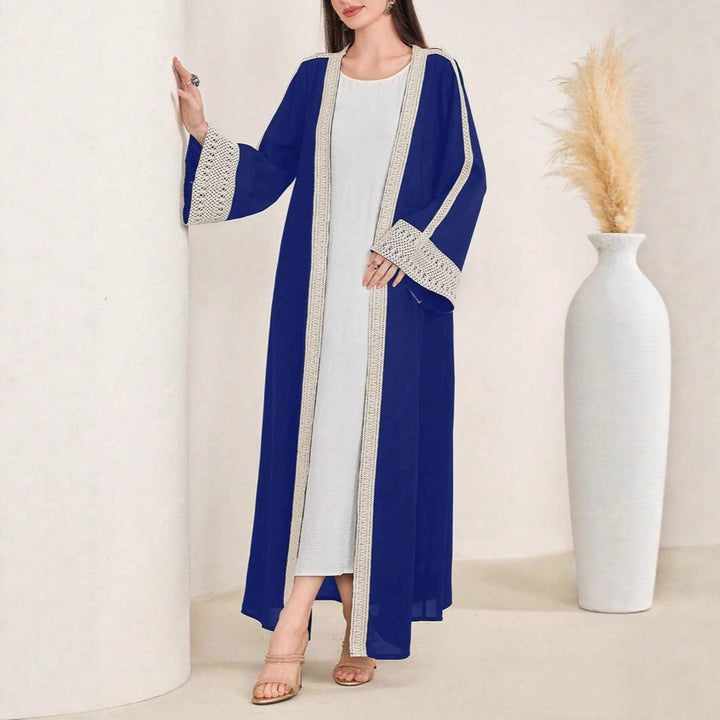 Damen Langes Open‑Front Kaftan‑Mantel mit Häkelspitzenbesatz Drune