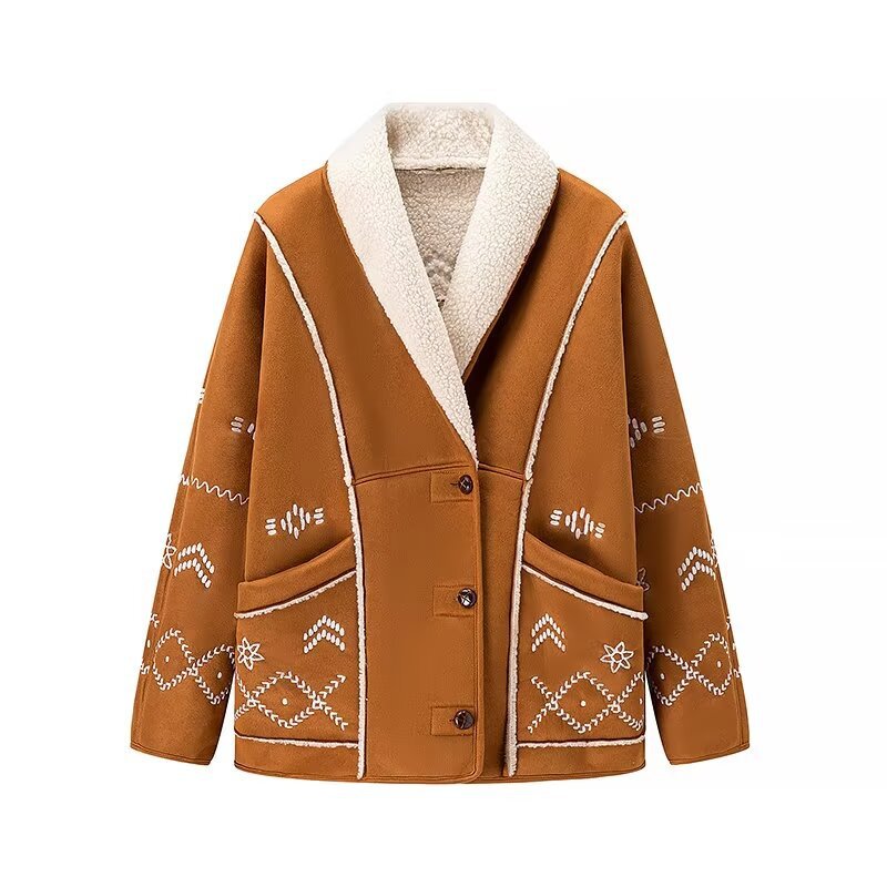 Damen nan gesteppte Kunstfell-Sherpa-Jacke mit Schalkragen, folklorischer Stickerei und aufgesetzten Taschen Drune