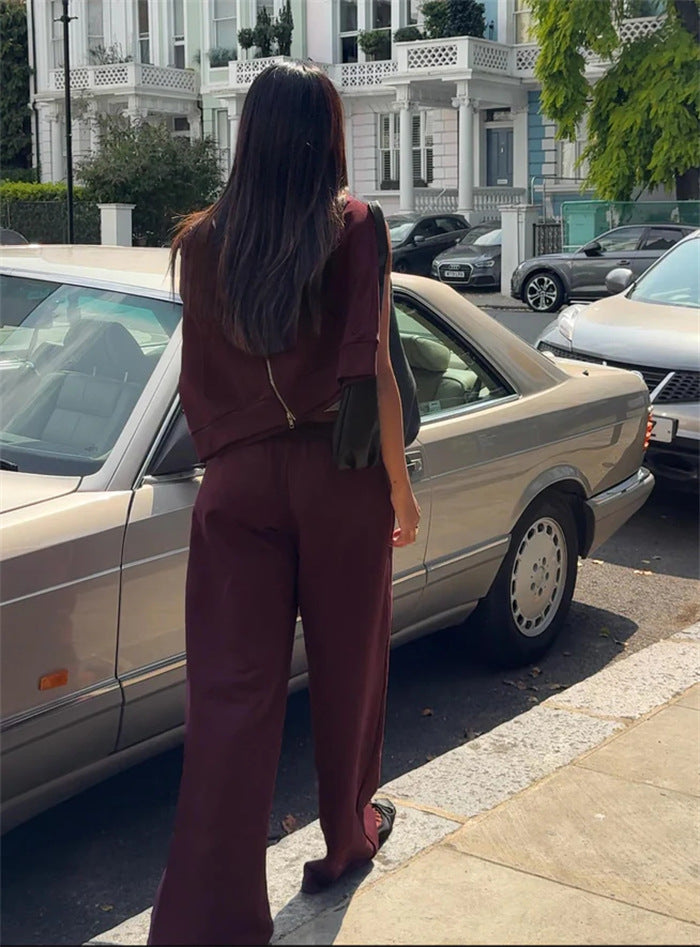 Damen gekürztes Kapuzen-Sweatshirt mit Oversize-Ärmeln und high-waist Wide-Leg Freizeithose Drune