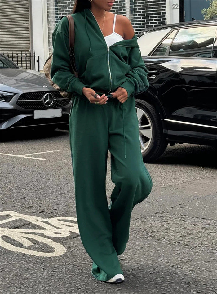 Damen gekürztes Kapuzen-Sweatshirt mit Oversize-Ärmeln und high-waist Wide-Leg Freizeithose Drune